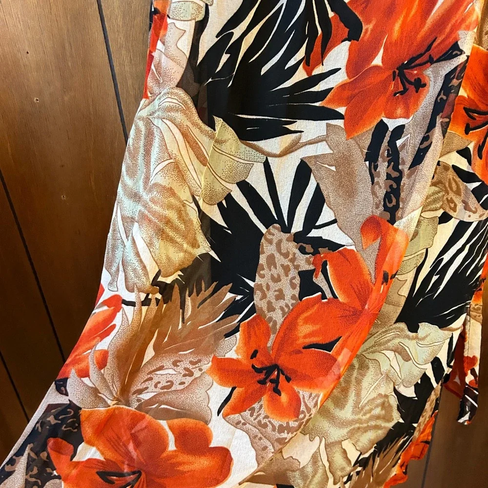 Jazzie Floral‎ Maxi Skirt L Orange Beige Brown Sheer Lined Retro Party Elegant